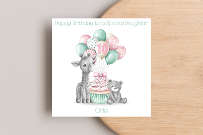 Personalised Giraffe and Bear Birthday Card