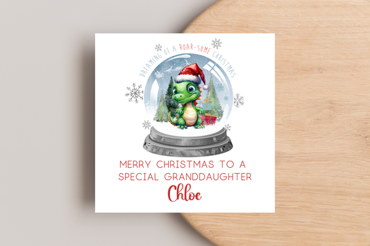 Personalised Dinosaur Snowglobe Christmas Card
