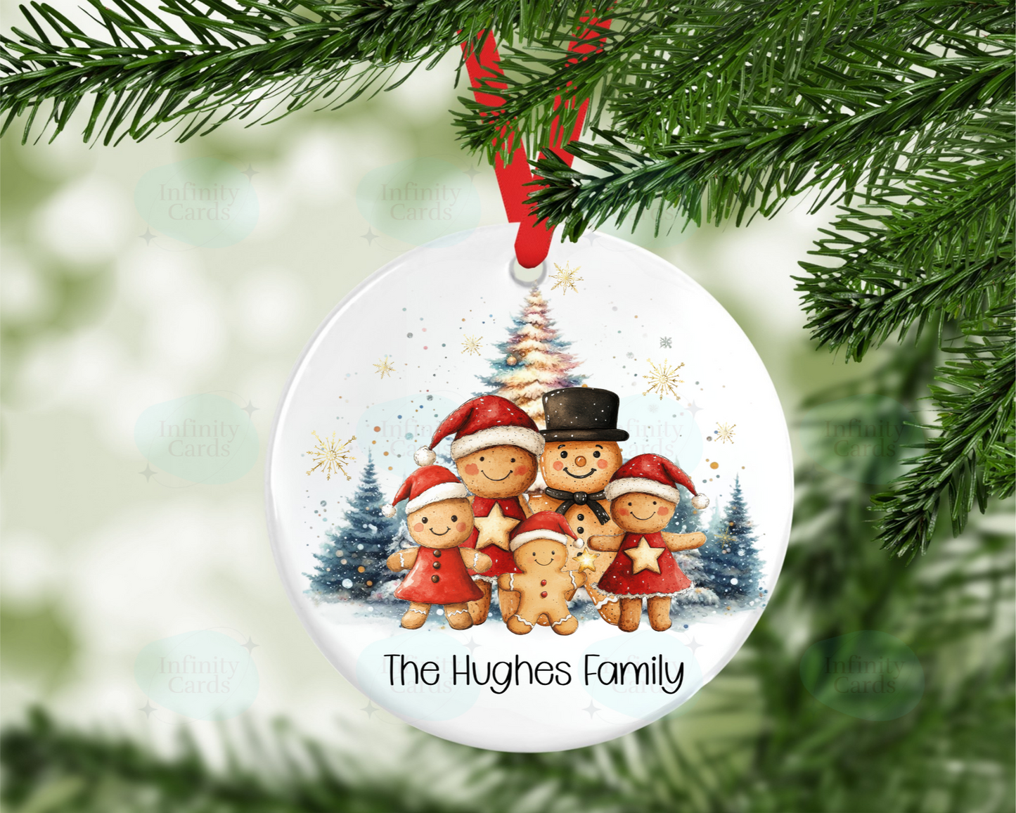 Christmas ornament with Gingerbread family design on a tree