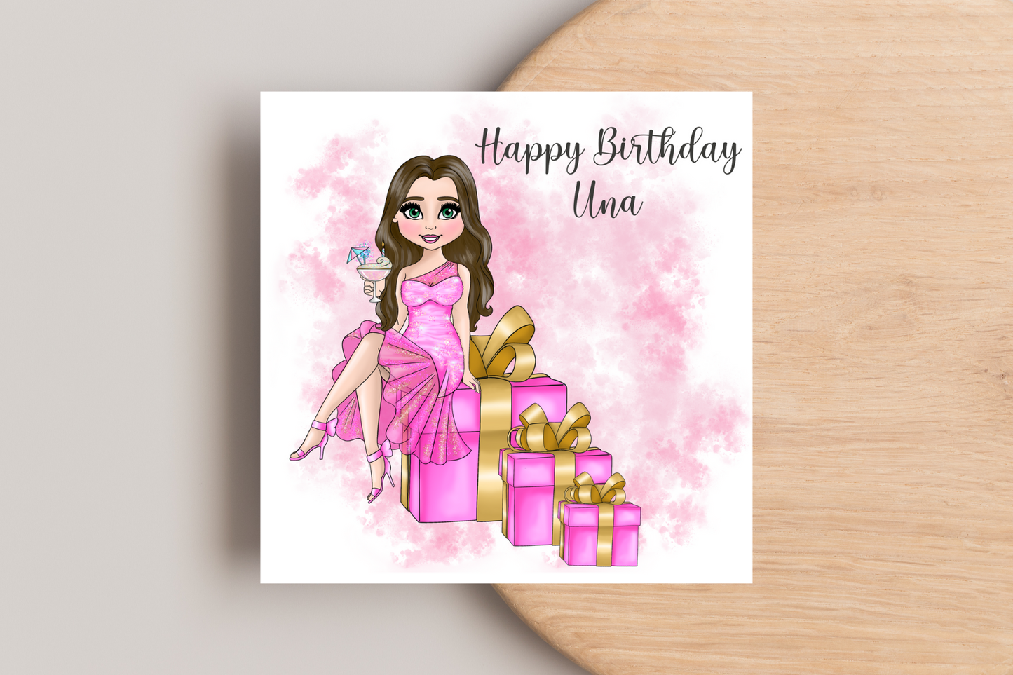 Personalised Birthday Card Personalised- Lady in Pink Dress Sitting on Glittering Presents