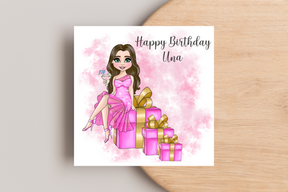 Personalised Birthday Card Personalised- Lady in Pink Dress Sitting on Glittering Presents