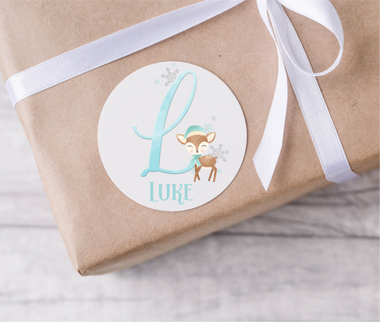 Personalised Blue Initial Reindeer Christmas Present Labels