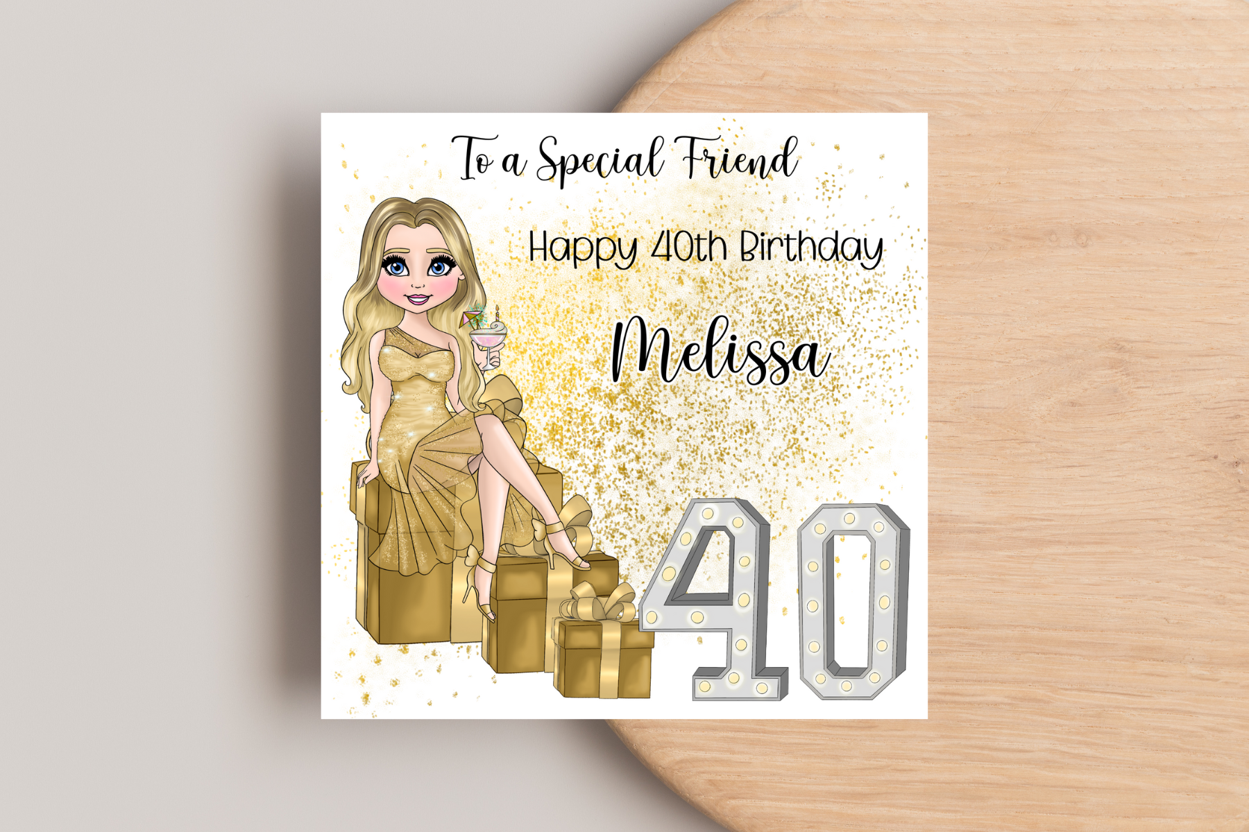 40th Birthday Card Personalised- Lady in Gold Dress Sitting on Glittering Presents