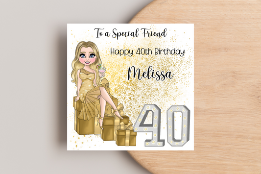 40th Birthday Card Personalised- Lady in Gold Dress Sitting on Glittering Presents