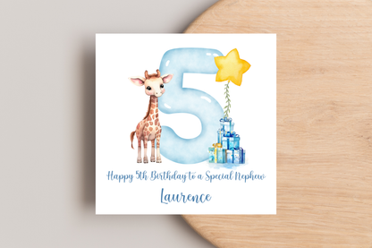 Personalised Giraffe Birthday Card for boys