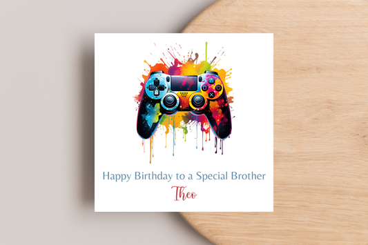 Personalised Gaming Birthday Card - Controller with Colorful Paint Splash