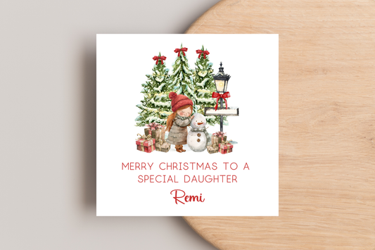 Personalised Snowman Building Little Girl Christmas Card
