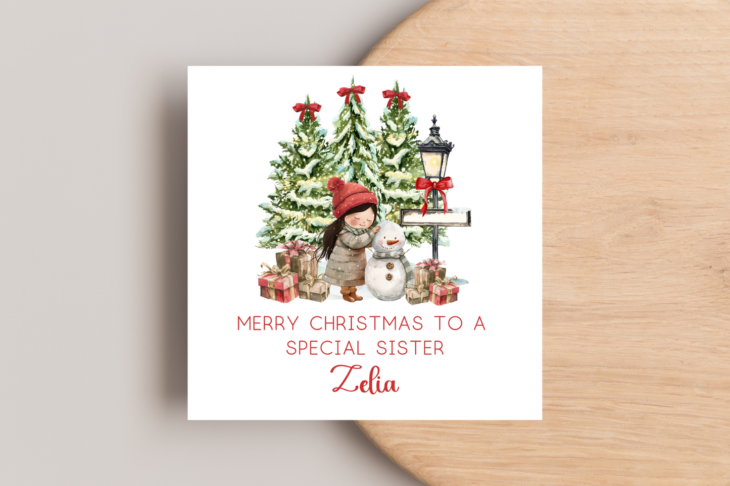Personalised Snowman Building Little Girl Christmas Card