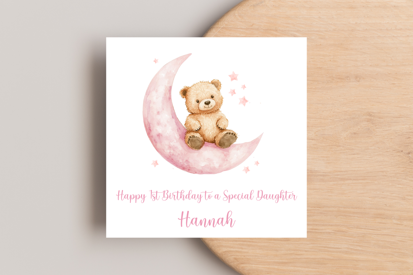 Personalised Teddy on the Moon Birthday Card
