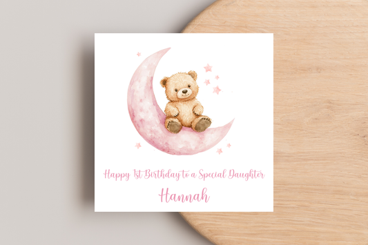 Personalised Teddy on the Moon Birthday Card