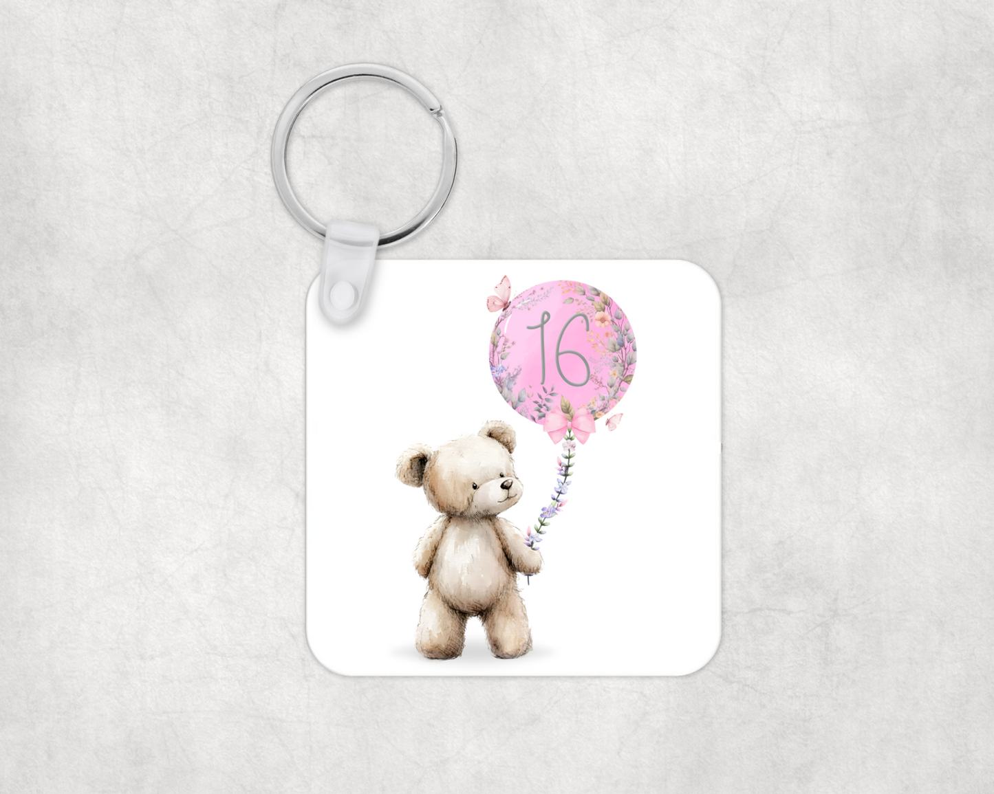 Cute Bear and Pink Birthday Balloon Keyring