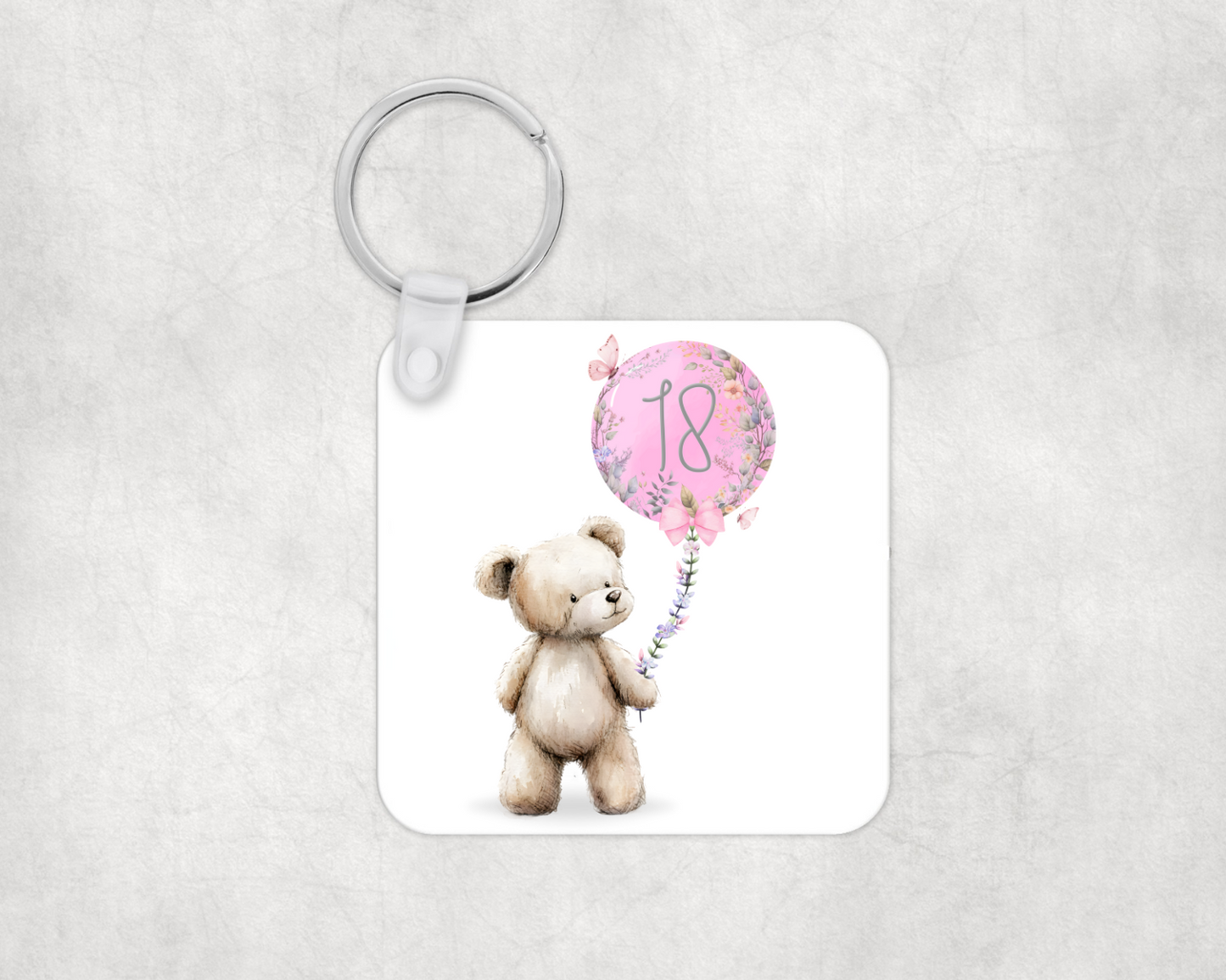 Cute Bear and Pink Birthday Balloon Keyring