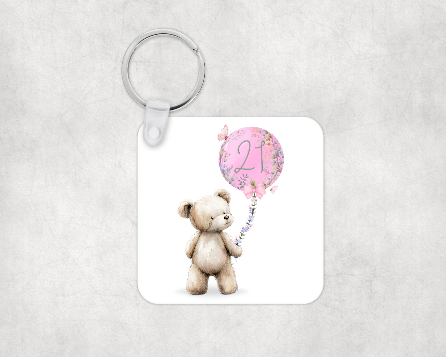 Cute Bear and Pink Birthday Balloon Keyring