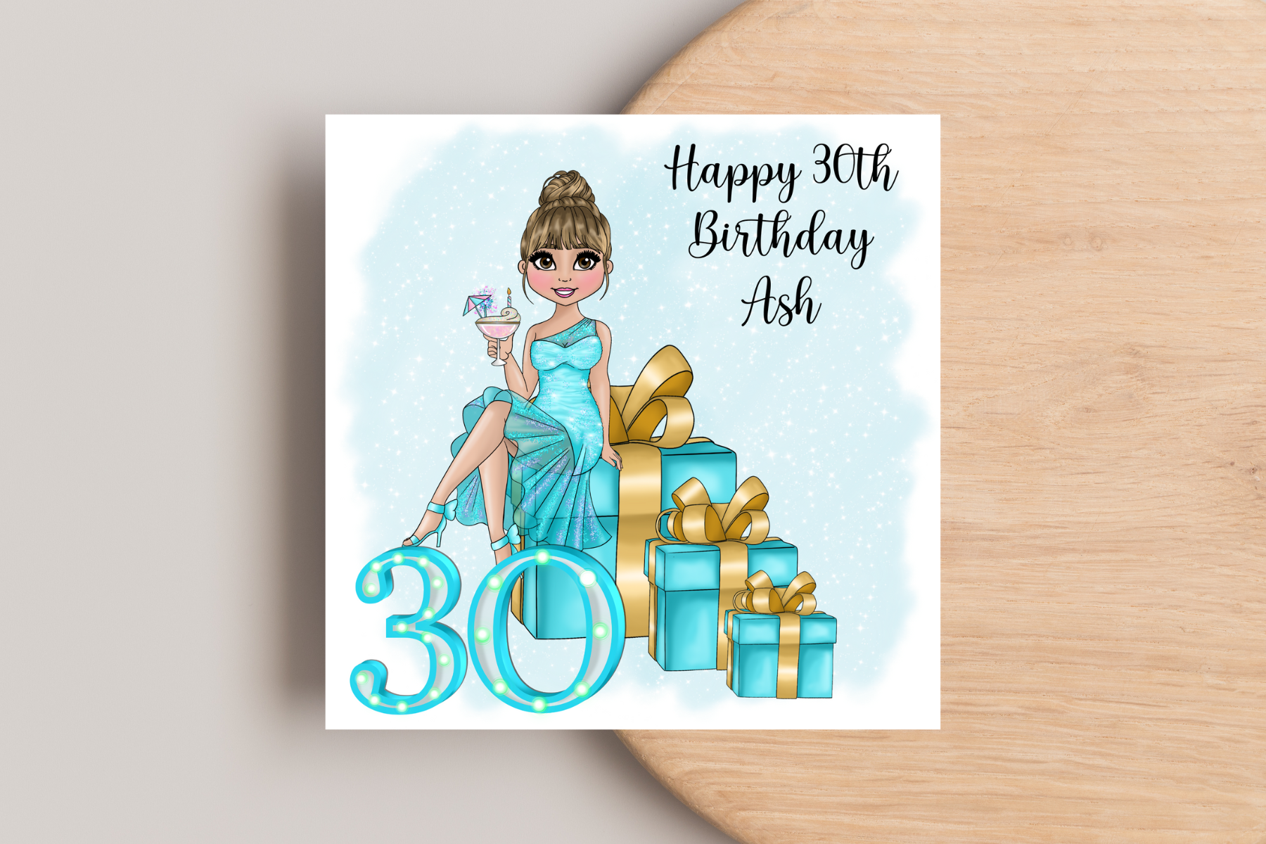 30th Birthday Card Personalised- Lady in Blue Dress Sitting on Glittering Presents