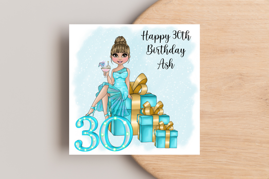 30th Birthday Card Personalised- Lady in Blue Dress Sitting on Glittering Presents