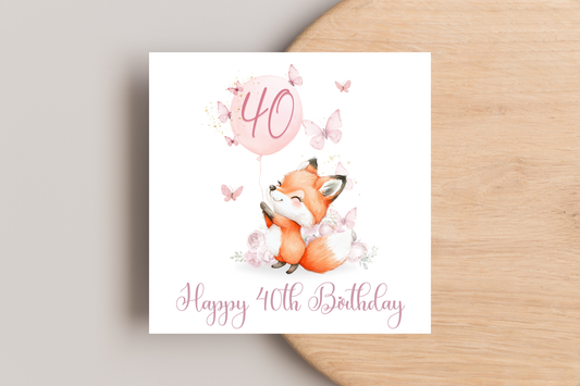 Pink Butterflies and Fox 40th Birthday Card