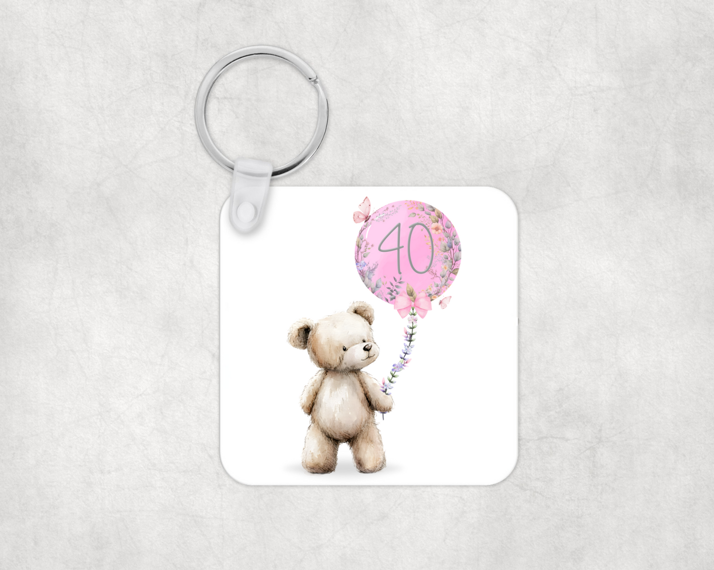 Cute Bear and Pink Birthday Balloon Keyring