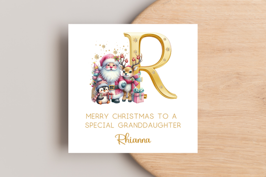 Personalised Golden Initial Santa and Friends Christmas Card