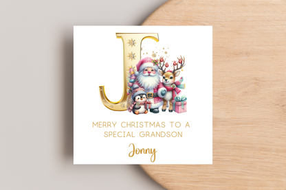 Personalised Golden Initial Santa and Friends Christmas Card