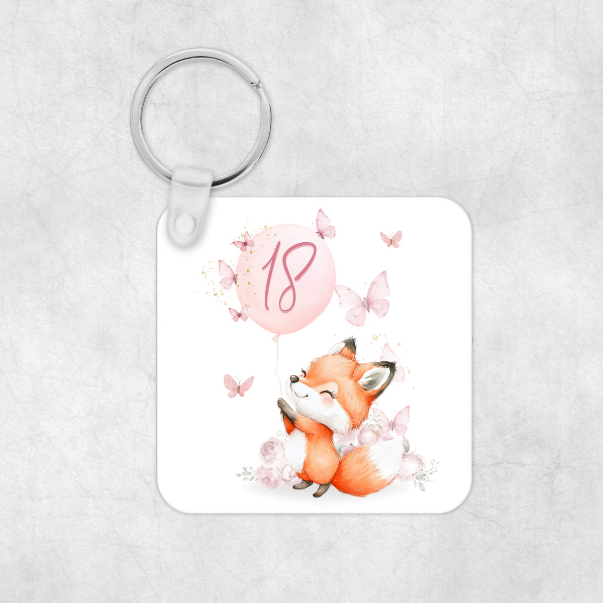 Cute Fox and Butterflies Pink Birthday Keyring