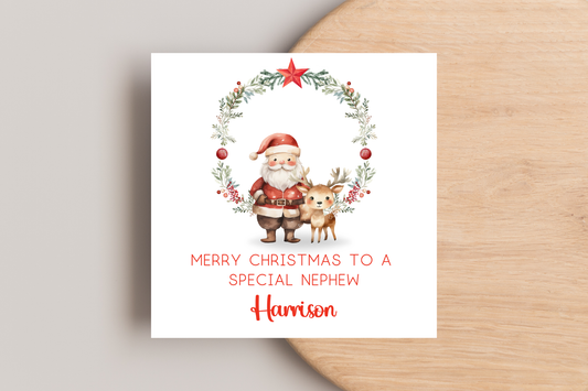 Personalised Santa and Reindeer Wreath Christmas Card