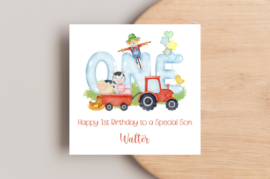 Personalised Farmyard ONE 1st Birthday Card