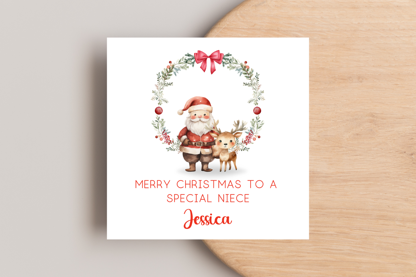 Personalised Santa and Reindeer Wreath Christmas Card