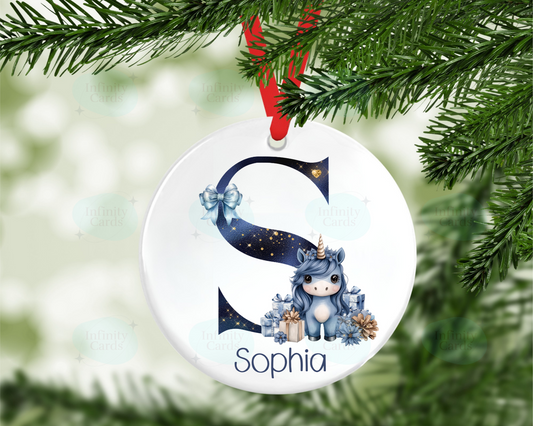 Personalised Blue Unicorn Initial Tree Decoration