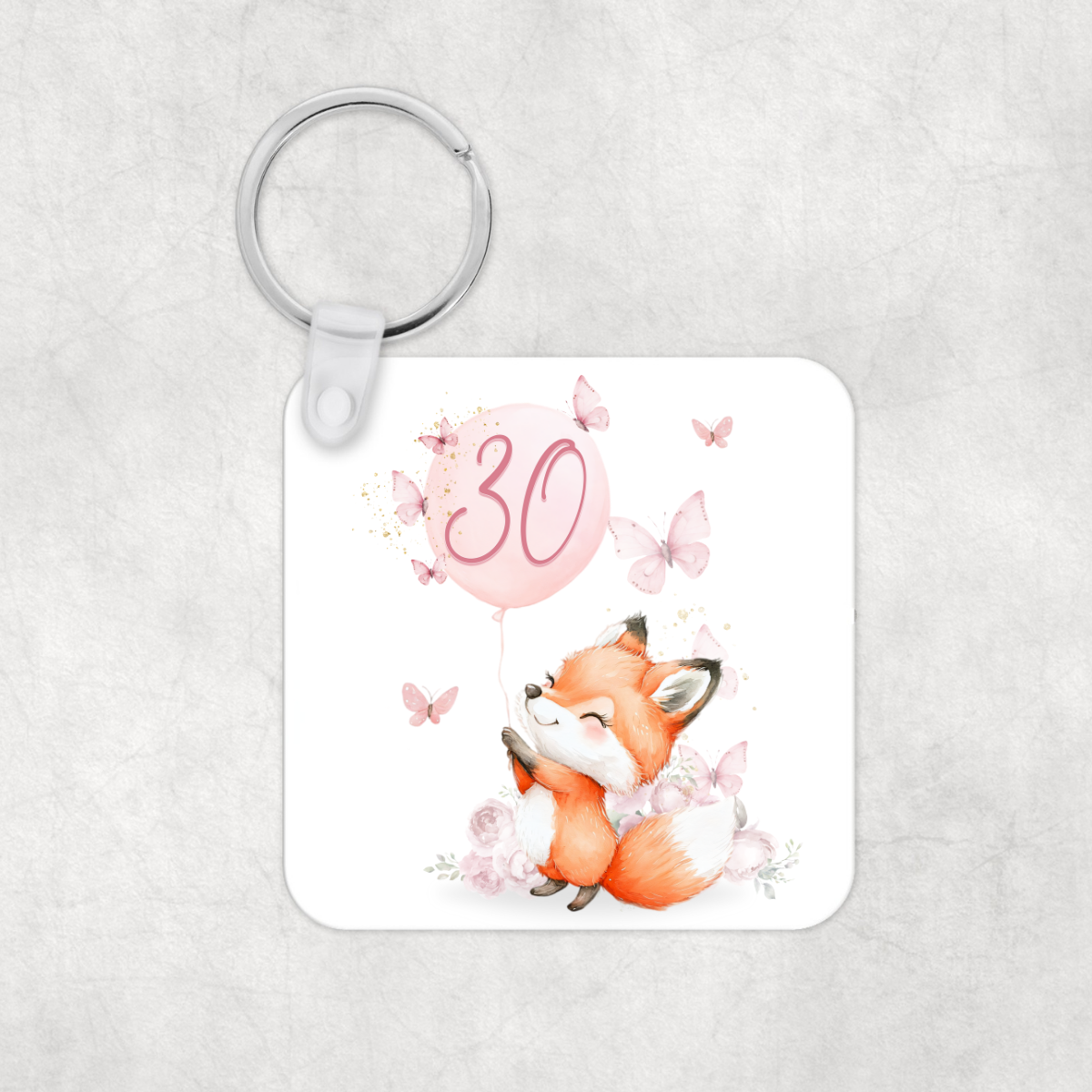 Cute Fox and Butterflies Pink Birthday Keyring