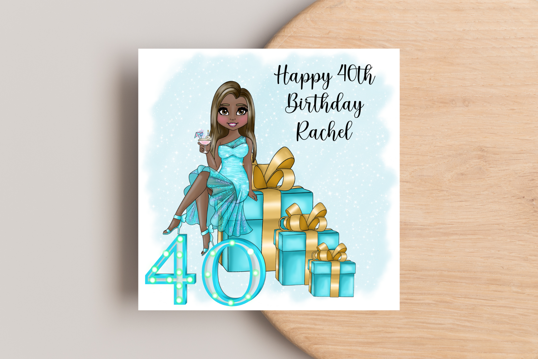 40th Birthday Card Personalised- Lady in Blue Dress Sitting on Glittering Presents