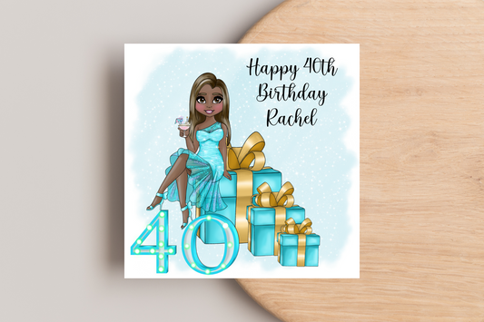 40th Birthday Card Personalised- Lady in Blue Dress Sitting on Glittering Presents