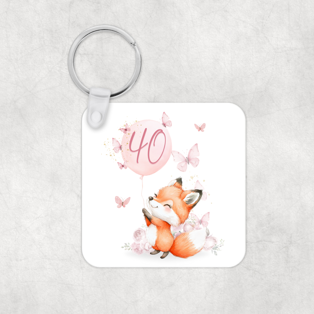 Cute Fox and Butterflies Pink Birthday Keyring