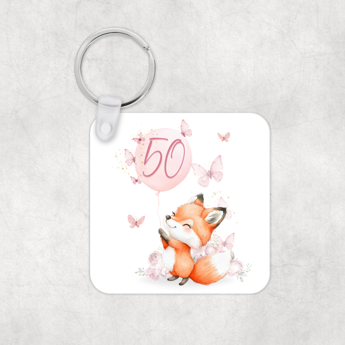 Cute Fox and Butterflies Pink Birthday Keyring