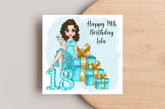 18th Birthday Card Personalised- Lady in Blue Dress Sitting on Glittering Presents