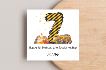 Personalised Digger Construction Themed Birthday Card