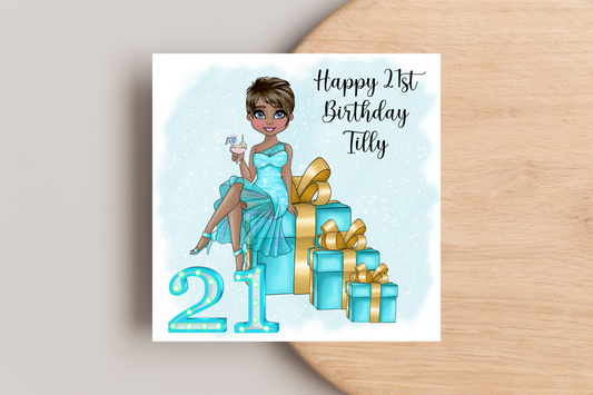 21st Birthday Card Personalised- Lady in Blue Dress Sitting on Glittering Presents