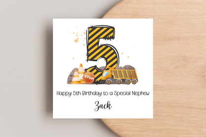 Personalised Digger Construction Themed Birthday Card