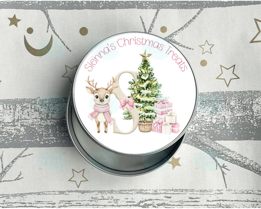 Personalised Pink Reindeer Initial Christmas Treat Tin