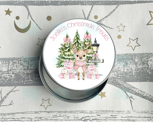 Personalised  Reindeer Christmas Treats Round Tin