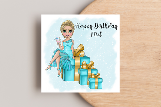 Personalised Birthday Card Personalised- Lady in Blue Dress Sitting on Glittering Presents