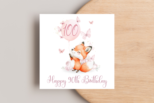 Pink Butterflies and Fox 100th Birthday Card