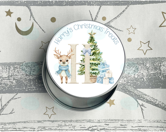 Personalised Blue Reindeer Initial Christmas Treat Tin