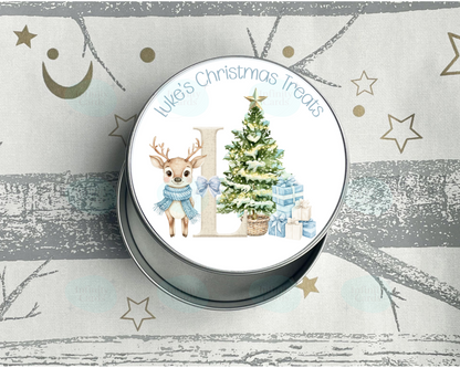 Personalised Blue Reindeer Initial Christmas Treat Tin