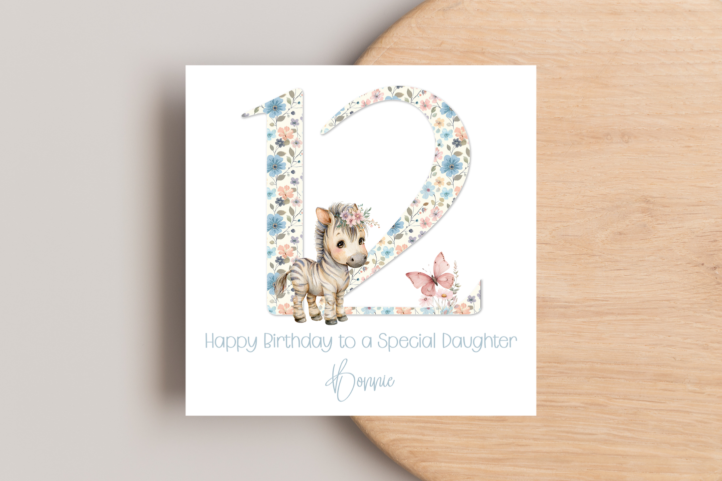 Personalised Floral Zebra Birthday Card