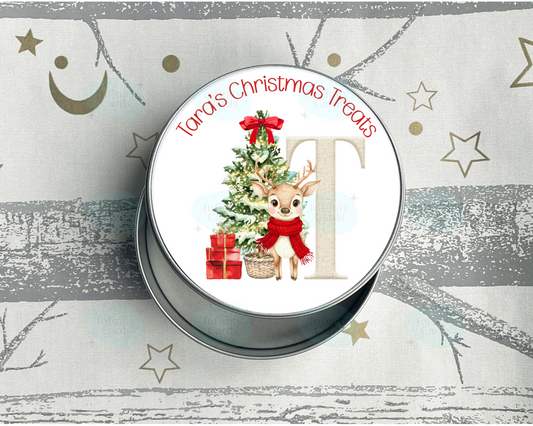 Personalised Red Reindeer Initial Christmas Treat Tin