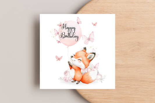 Pink Butterflies and Fox Birthday Card