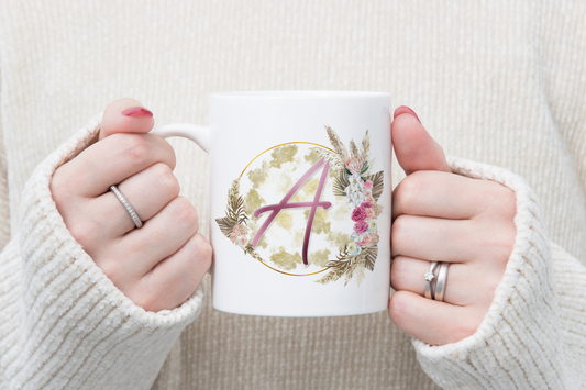 Personalised Gold and Pink Floral Initial Mug