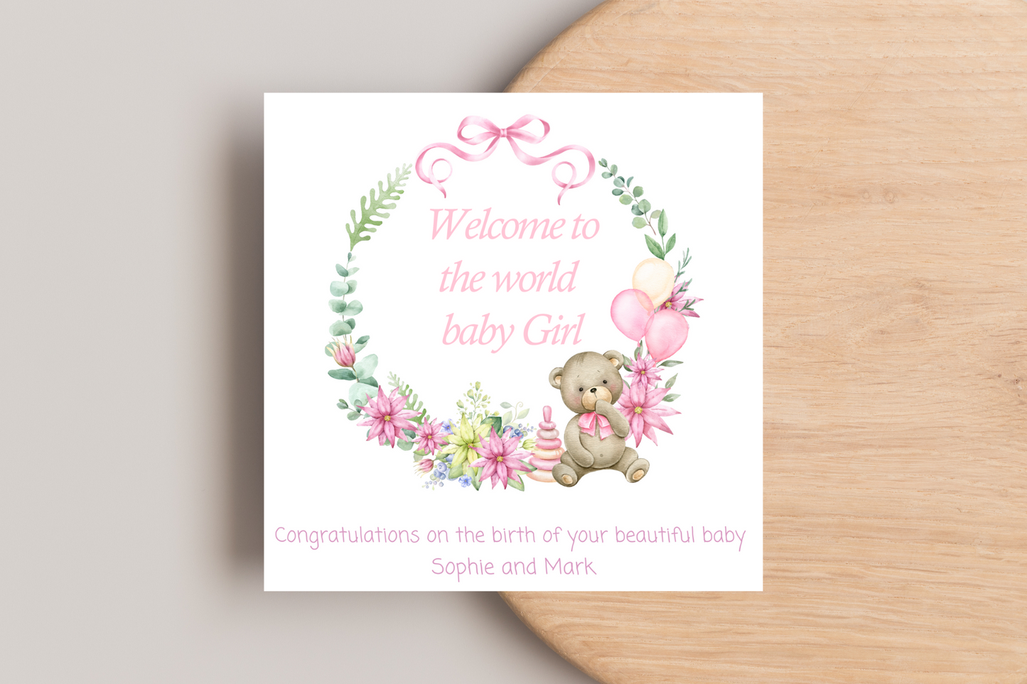 Personalised Congratulations Card for Baby Boy/Girl Floral Hoop