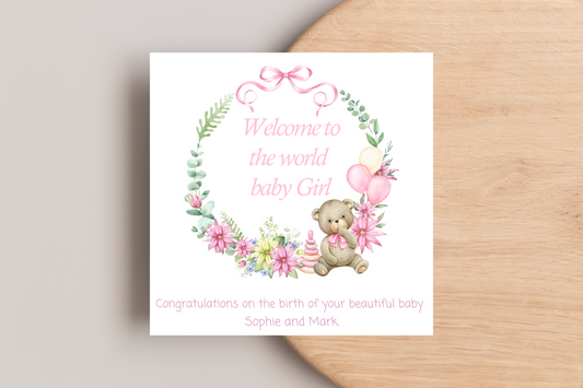 Personalised Congratulations Card for Baby Boy/Girl Floral Hoop