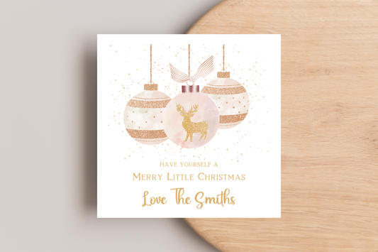 Rose Gold Reindeer Santa Claus Bauble Christmas Card